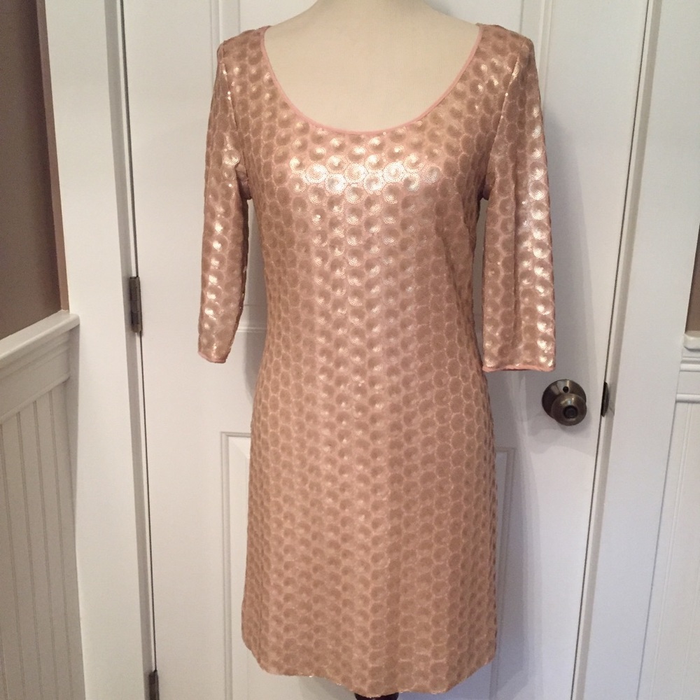 ETCETERA DRESS MINI PINK LIGHT GOLD SEQUINS SHIFT SCOOP NECK 3/4 SLEEVE Sz 2